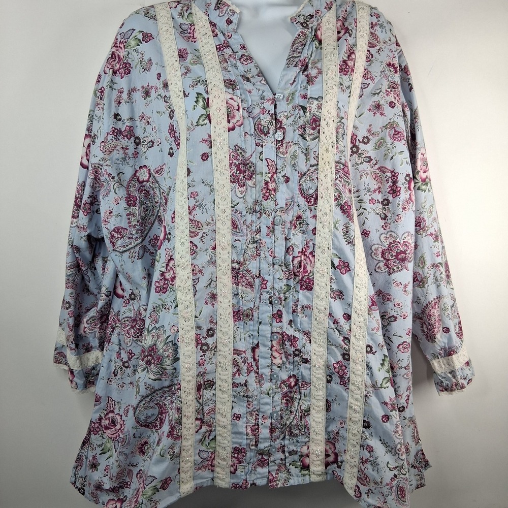 Dressbarn Woman Floral Paisley Lace Trim Button Front Tunic Top 22/24
